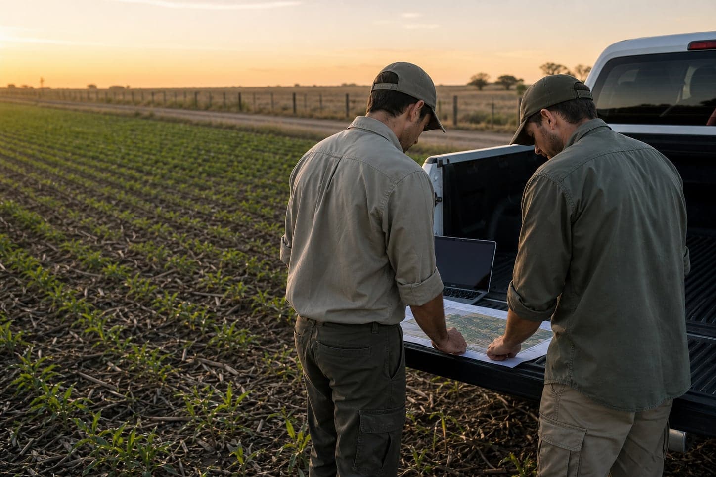 Dos profesionales rurales no identificables revisando mapas y datos en una computadora portátil junto a un cultivo