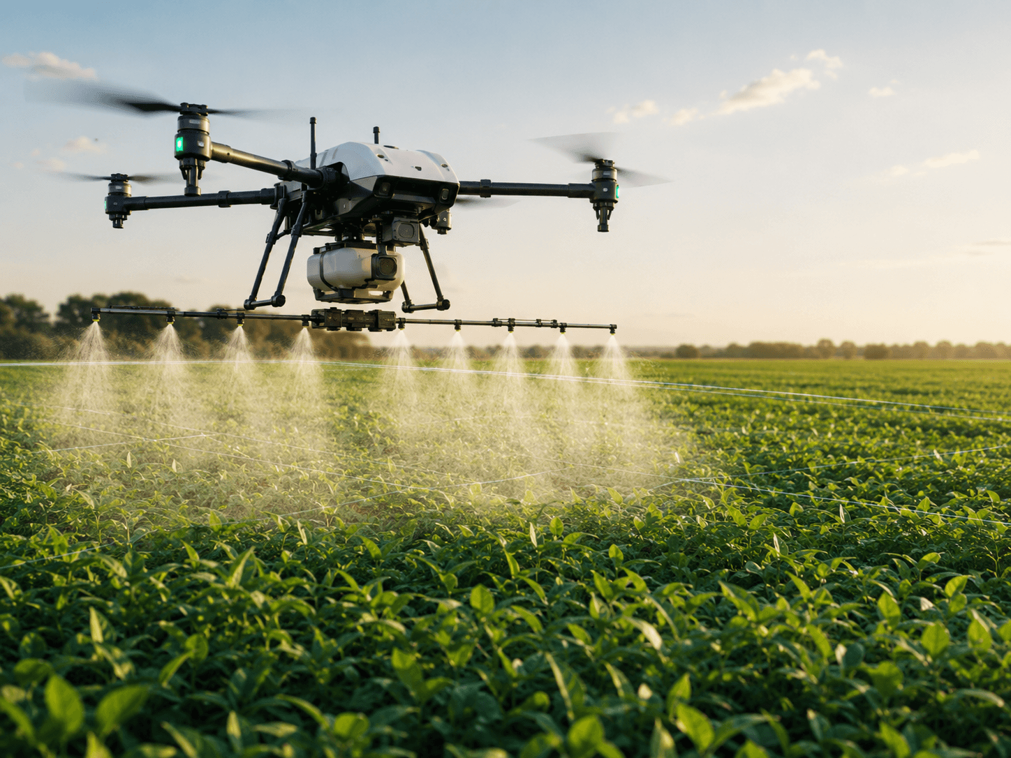 Dron realizando pulverización controlada en campo