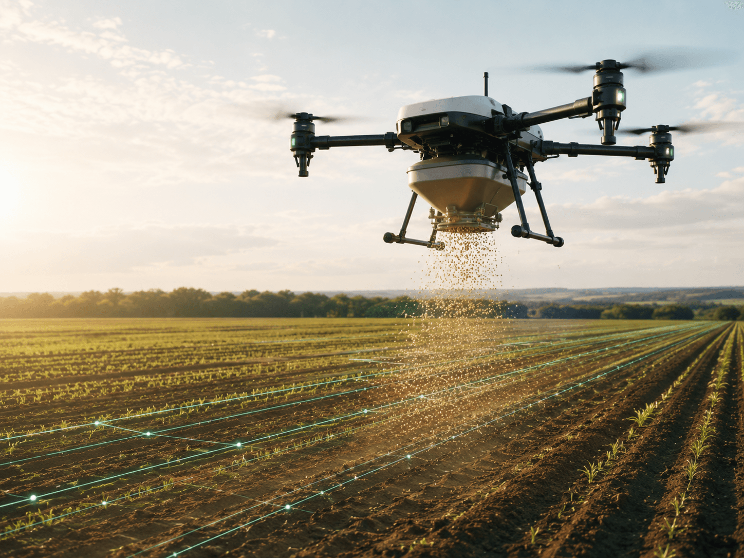 Dron realizando siembra aérea de precisión