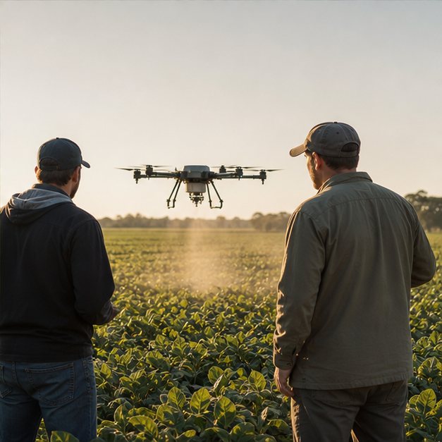 Equipo técnico supervisando una aplicación con dron en el campo