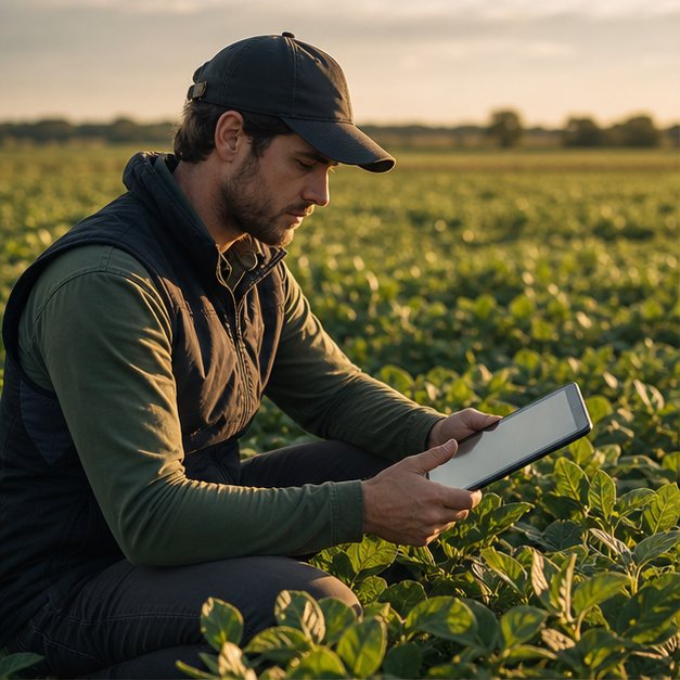 Piloto de agricultura de precisión revisando un cultivo con una tablet
