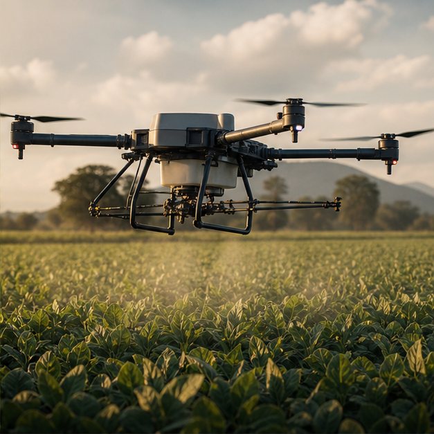 Dron agrícola despegando sobre un cultivo